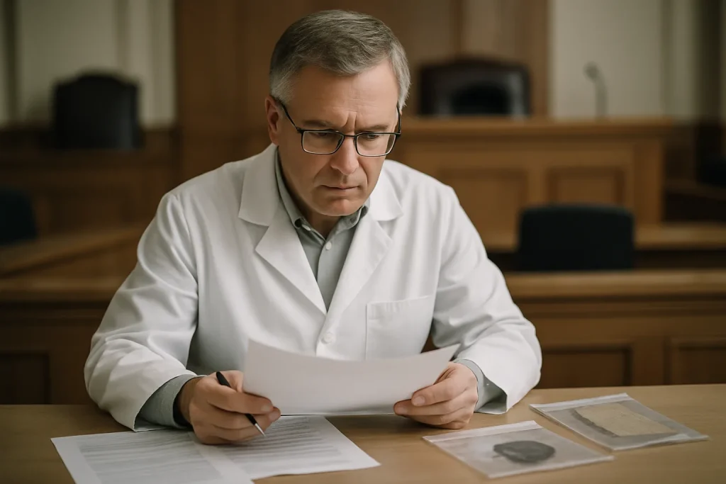 Expert judiciaire en blouse blanche examinant des documents et échantillons sur une table.