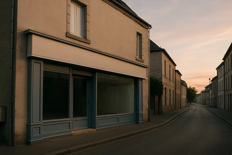 Façade d'un commerce à Flers au lever du soleil, rue vide et calme.