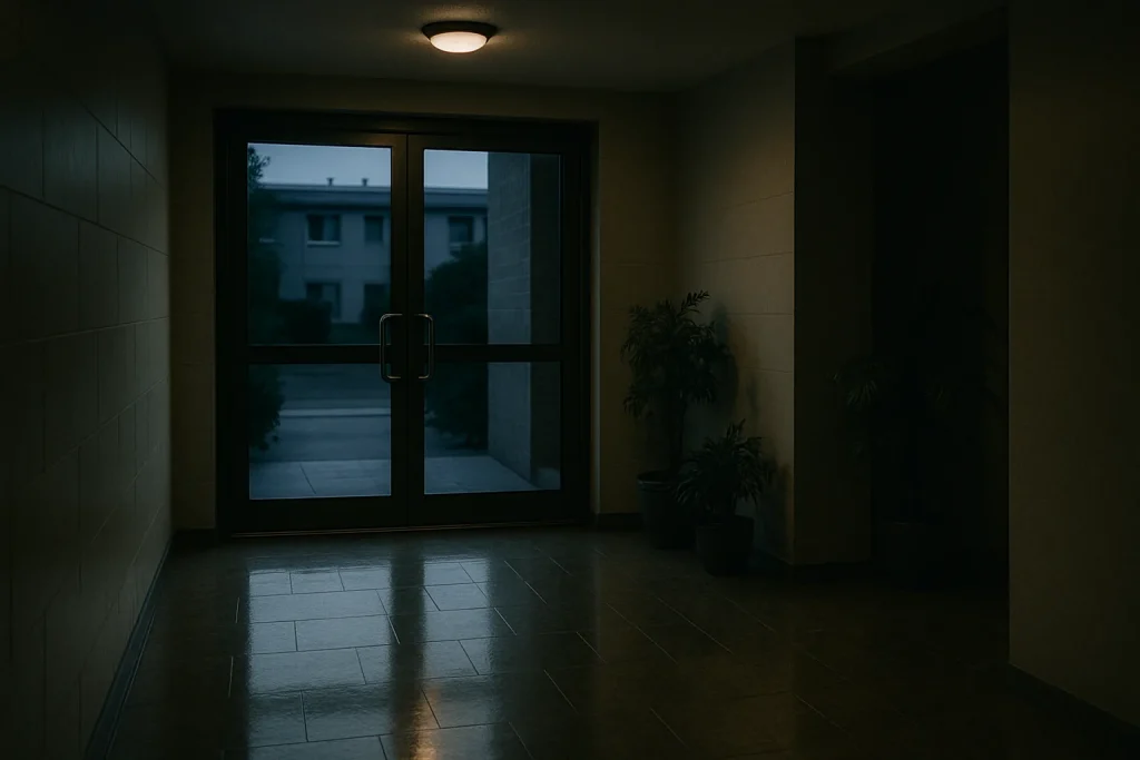 Entrée d'immeuble vide au crépuscule avec lumière tamisée et plantes décoratives