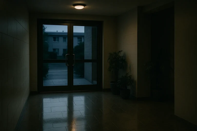 Entrée d'immeuble vide au crépuscule avec lumière tamisée et plantes décoratives