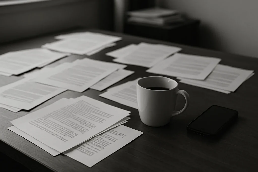 Bureau avec papiers éparpillés, tasse de café et téléphone, en noir et blanc.