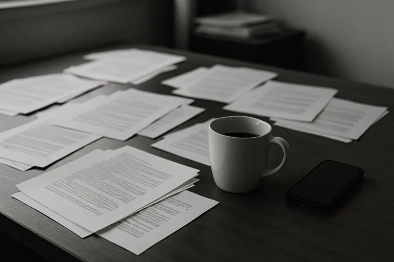 Bureau avec papiers éparpillés, tasse de café et téléphone, en noir et blanc.