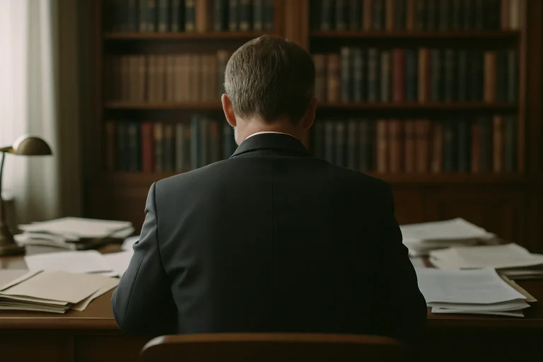 Silhouette de dos d'un notaire dans un bureau, lumière douce, documents sur le bureau.