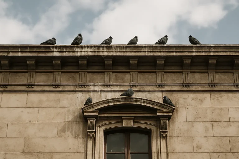 Vue extérieure d'un bâtiment ancien avec fientes de pigeons et pigeons perchés