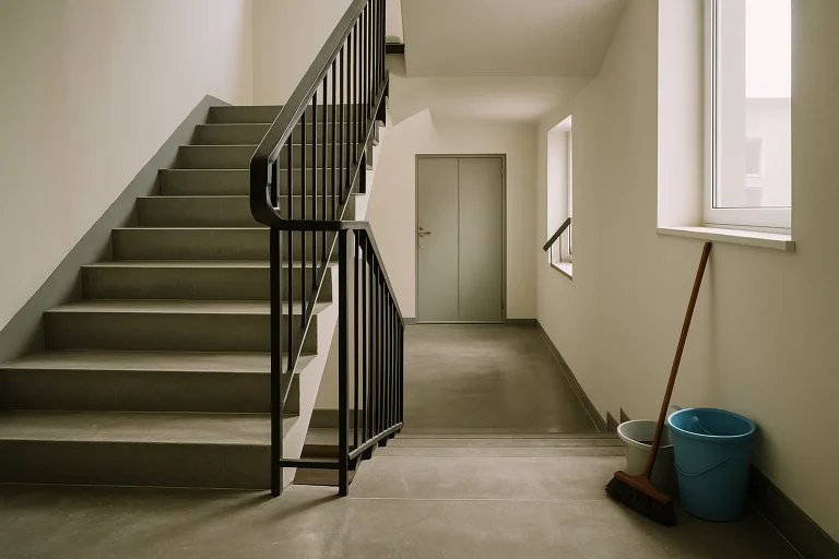 Cage d'escalier d'immeuble avec équipements de nettoyage, lumière douce.